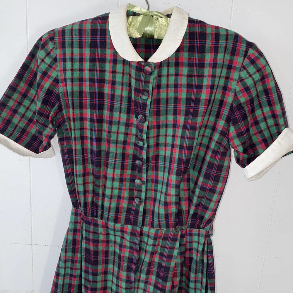 Vintage 1930s 1940s Teens’ Plaid Cotton Peter Pan Collar Frock Dress View 2
